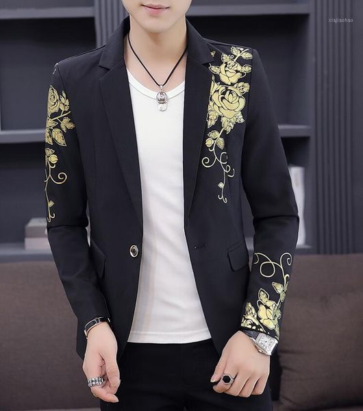 

gold black blazer flower gold print party wedding festival stylish blazers for men stage costumes for singers slim fit blazer1, White;black