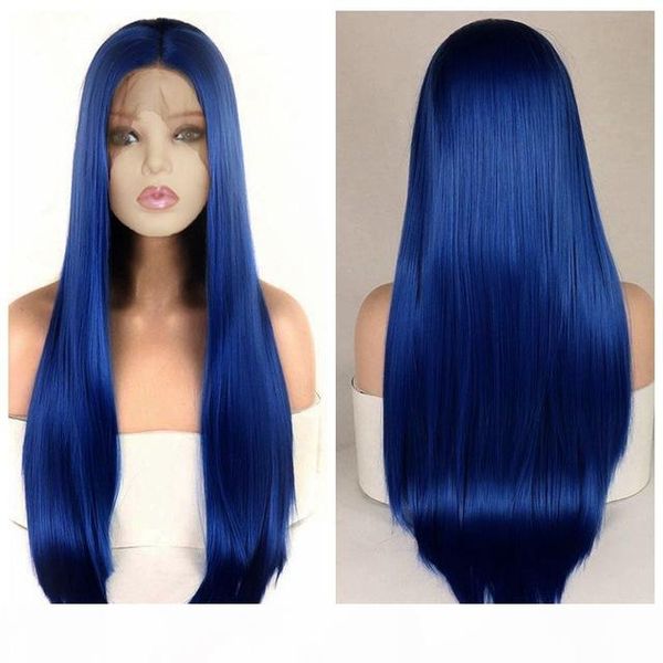 

blue lacefront wigs synthetic heat resistant fiber hair glueless silky straight blue synthetic lace front wig baby hairs, Black;brown