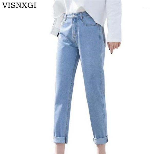 

visnxgi 2018 new slim pencil pants vintage high waist jeans womens pants full length trousers loose cowboy plus size jeans pant1, Blue