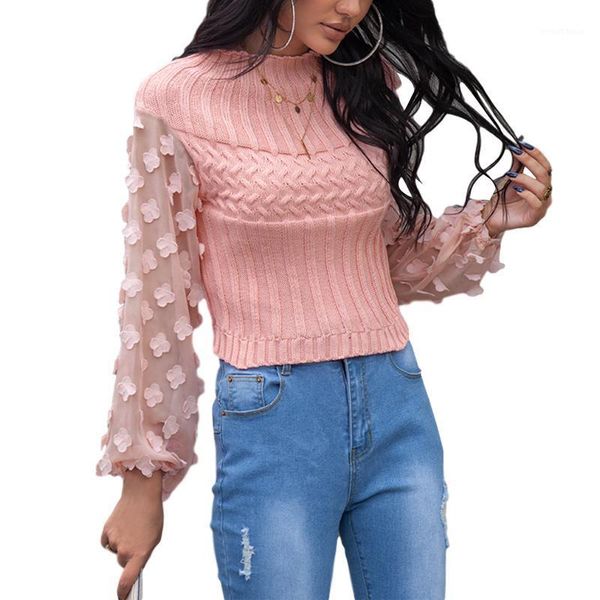 

women t-shirt knitting sweater round neck petal puff sleeve slim for holiday dating travelling party shopping pullover1, White