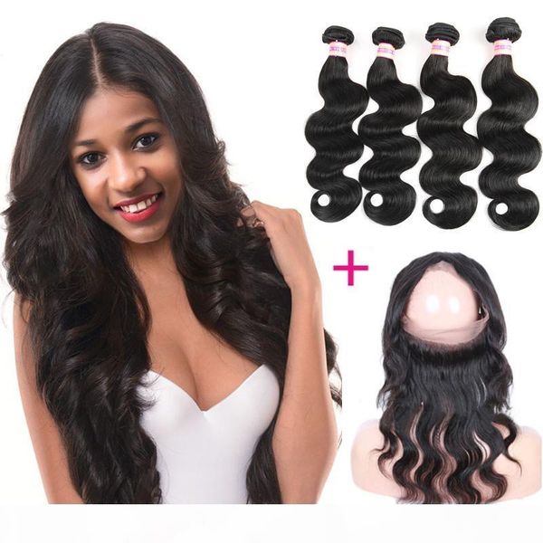 

360 lace frontal 9a unprocessed peruvian indian malaysian brazilian virgin body wave human hair weaves 360 lace frontal with bundles, Black