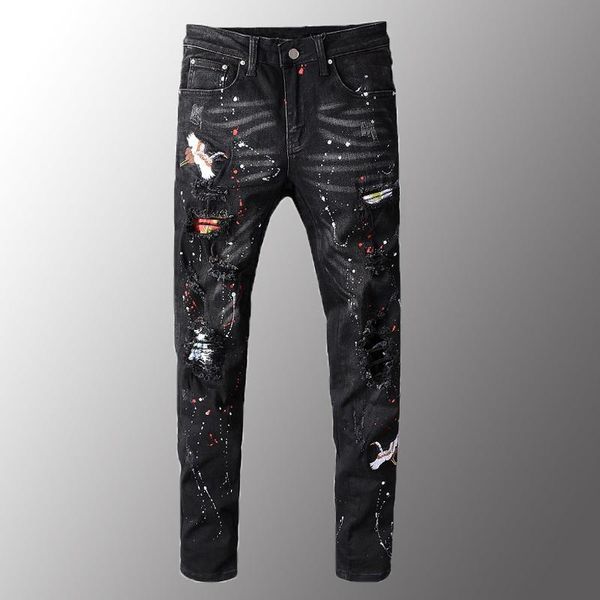 

2020 mens jeans luxury men's black bird embroidered painted ripped jeans streetwear holes patchwork stretch denim pants, Blue
