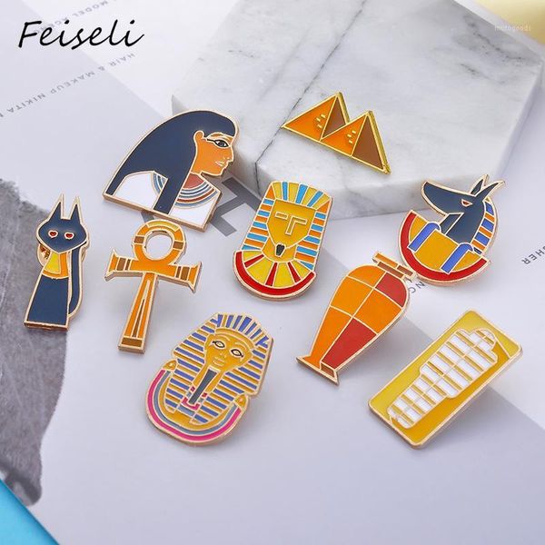 

pins, brooches feiseli creative ancient egyptian pyramid pharaoh lion portrait brooch colorful enamel school bag coffin cleopatra cartoon ba, Gray