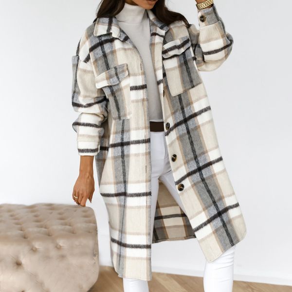 

autumn winter women checked jacket casual turn down collar plaid long coat female oversized thick warm woolen blends overcoat, Black;brown