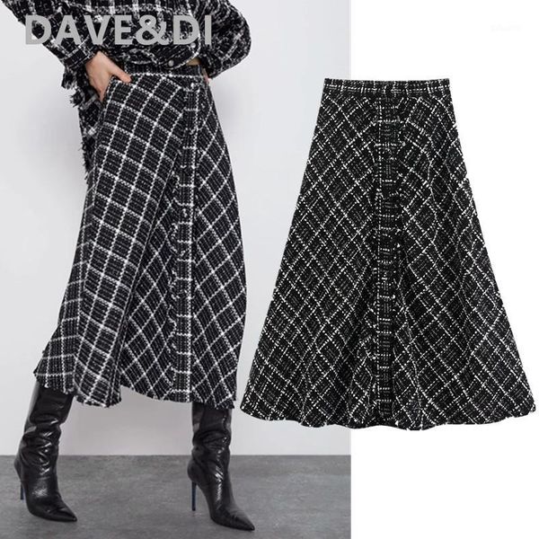 

dave&di england elegant vintage high street soft tweed high waist aline midi skirt women faldas mujer moda 2020 skirts womens1, Black