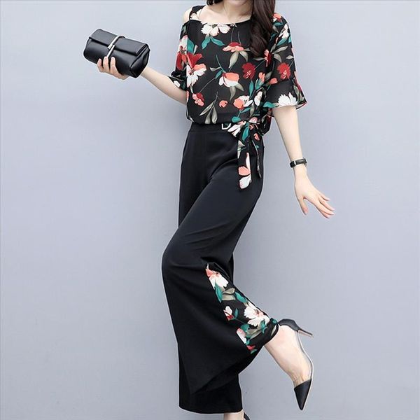 

summer women off shoulder mesh pants suits floral print vintage floral chiffon sets elegant woman two piece set 3, Gray