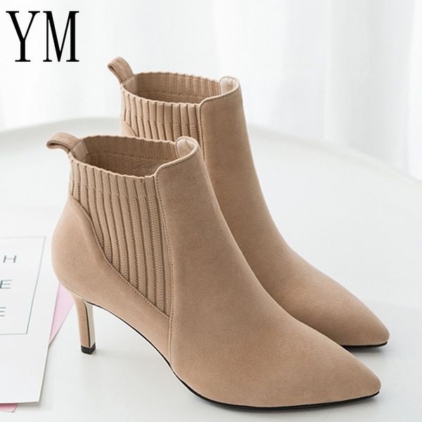 

ankle short flock pointed toe 7cm thin heels winter booties woman wool elastic slip on women martin boots, Black