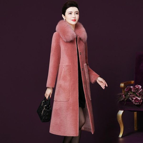 

women's fur & faux shearing fashion sheep coat real collar jacket2021 100%wool jacket female casaco femininozjt374, Black