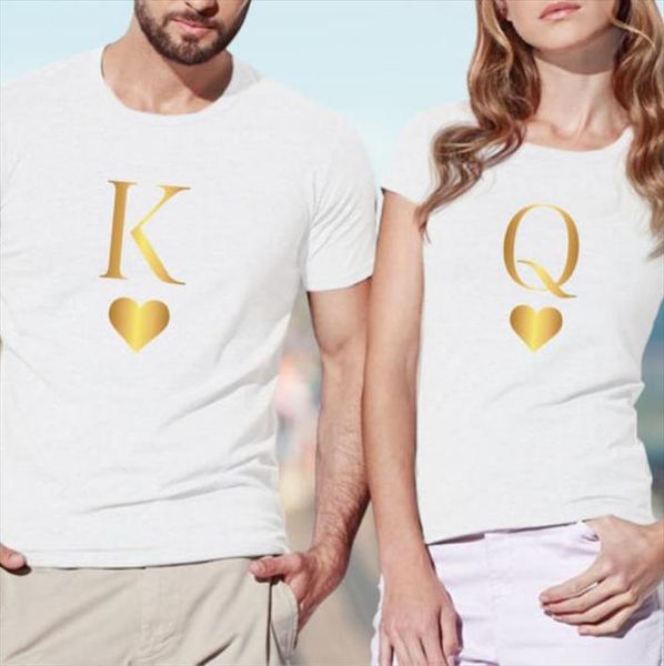 

king queen letter heart print couple t shirt lovers casual tshirt short sleeve o neck loose women tee camisetas mujer, White