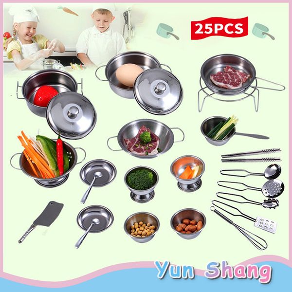 16 / 25pcs Brinquedos de cozinha conjunto de cozinha de aço inoxidável Cozinha utensílios de utensílios de panelas Conjunto de acessórios de jogo para crianças Brinquedos Brinquedos Presentes Xmas LJ201009