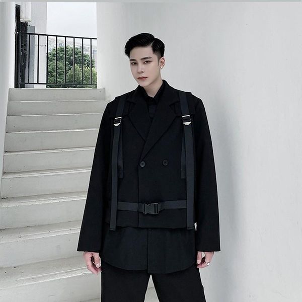 

men's suits & blazers spring autumn men short blazer jackets black strap loose casual suit coat korean trendy streetwear original rap h, White;black