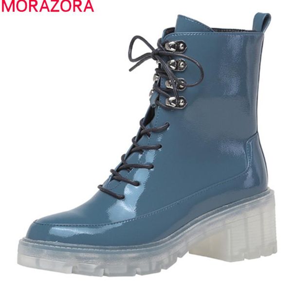 

boots morazora 2021 brand fashion women genuine leather square heels round toe platform ankle for woman, Black