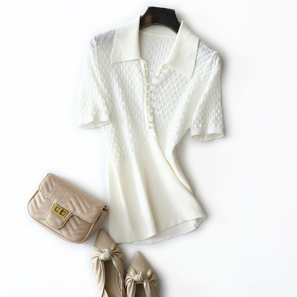 

fashion women's king style french family lapel knitted short-sleeved women's t-shirt jacquard jacquard jacquardniche t-shirt pearl, White