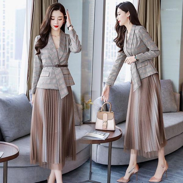 

work dresses office lady net skirt suits with suit women plaid blazer set and jacket 2 piece1, White;black