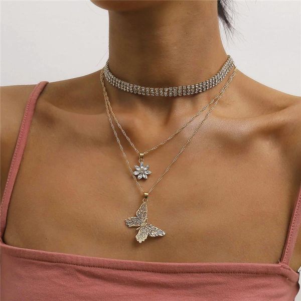 

crystal claw chain geometric zircon flower pendant necklace punk multi-layer butterfly choker necklaces chunky necklace jewelry1, Silver
