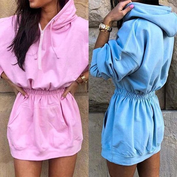 

women long hoodies dress elastic waist solid long sleeve pocket hooded pullover dress women jumper pullover 2020 new fashion1, Black