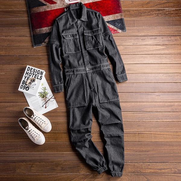 

men's long-sleeved denim overalls feet overalls hip-hop jeans fashion casual1, Blue
