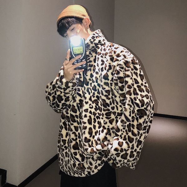 

2021 new autumn and winter new leopard hoodies printing lamb wool pulley tide in thick coat warm couple 2ck9, Black