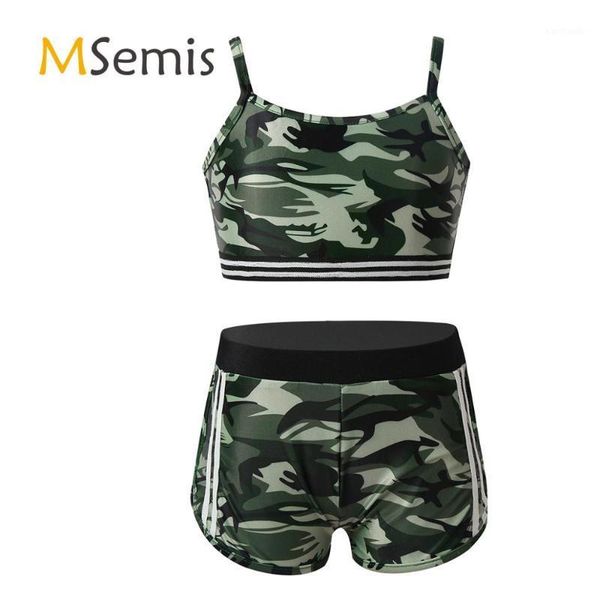 

running sets camouflage kids girls tankini activewear outfit sleeveless crop with bottoms tracksuit set for gymnastics dance fitness1, Black;blue