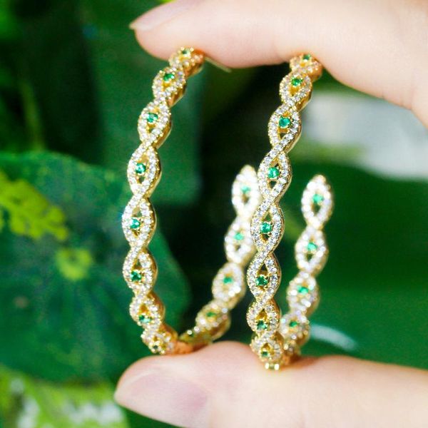 

hoop & huggie threegraces sparkling green crystal micro pave cz round 585 gold color large earrings for women fashion party jewelry er469, Golden;silver