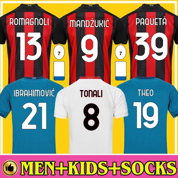 

ac milan 20 21 soccer jersey ibrahimovic paqueta bennacer romagnoli calhanoglu 2020 2021 football shirt tonali rebic maillot men + kids kit, Black;yellow