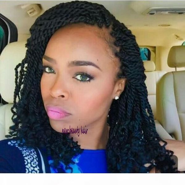 

crochet hair short braids wig spring kinky twist lace front wig short micro braid curly wig for africa american l, Black