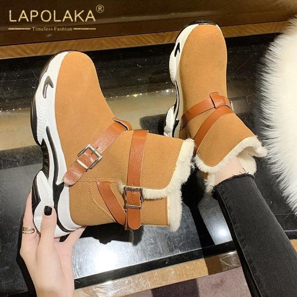 

lapolaka 2021 ins dropship booties women shoes belt buckle british style trendy comfy warm winter boots ladies, Black