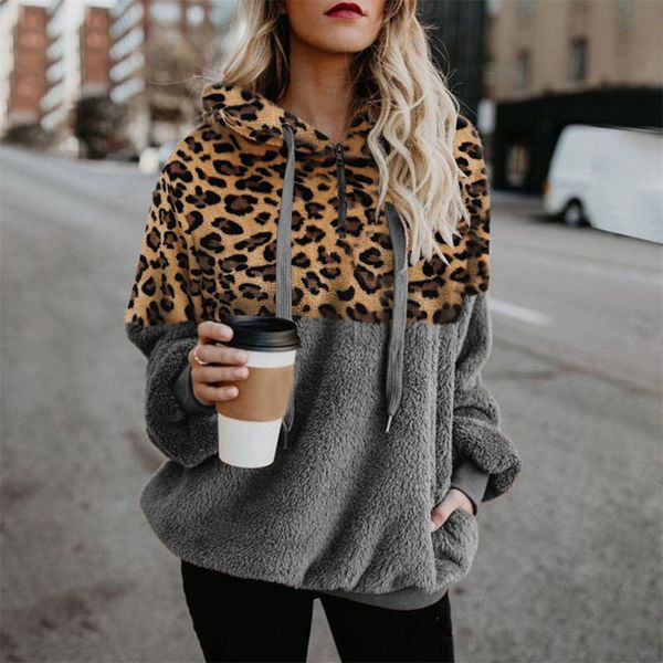 

leopard sherpa fleece sweater christmas party hooded fluffy pullover female winter fall streetwear sweaters, White;black