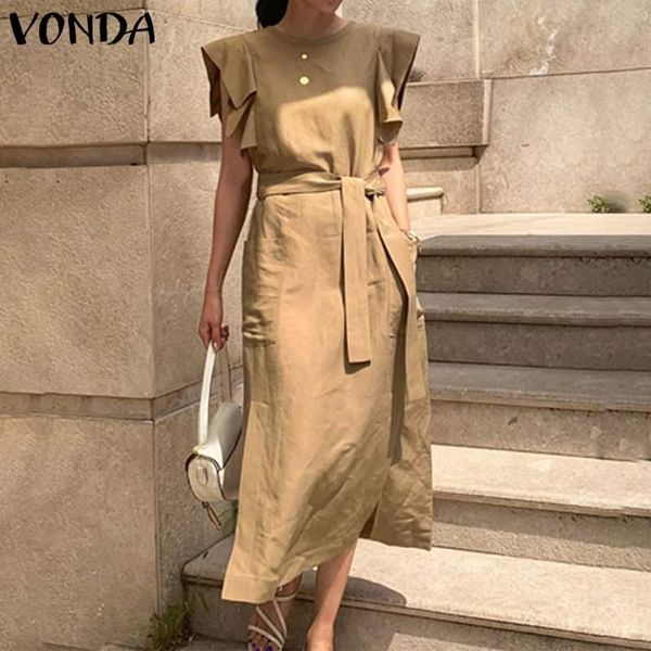 

summer dress vonda casual sleeveless ruffle maxi long dress with belt 2020 women bohemian sundress party vestido plus size robe, Black;gray