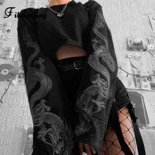 

fitshinling gothic dragon print sweatshirt woman crop harajuku black cotton polerones autumn winter black sweashirt female