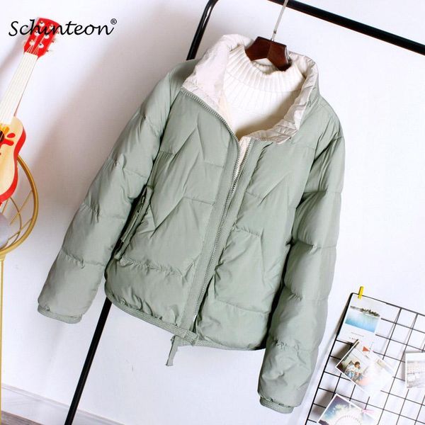 

schinteon women winter down jacket korean style outwear warm simple casual solid color baseball short coat stand collar new1, Black