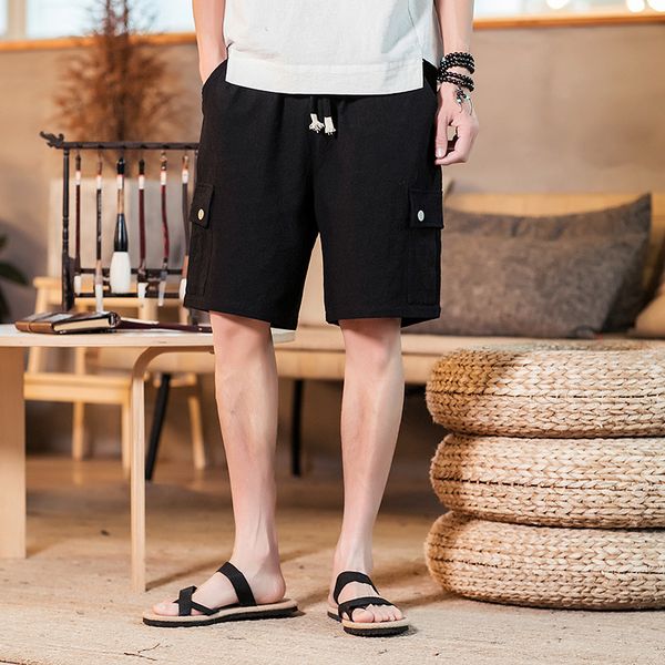 

new tooling shorts men's style large size cotton casual trend capris summer linen beach wide leg pants thin, White;black
