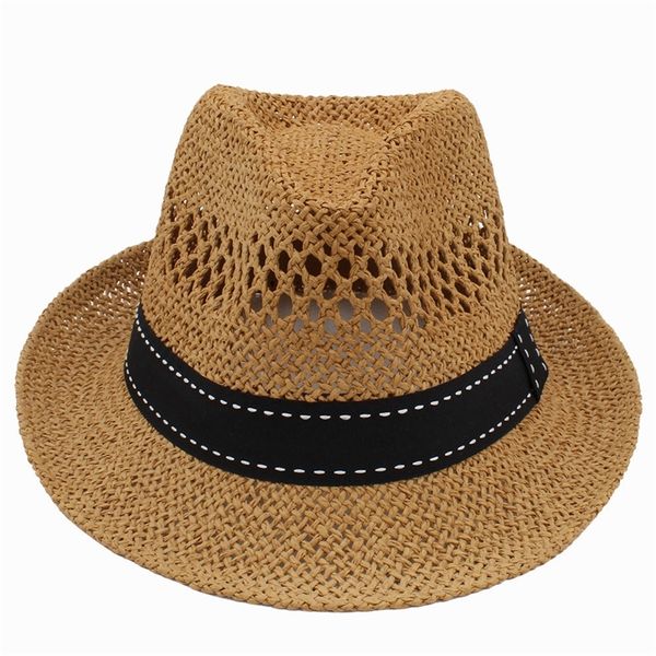

summer women men straw sun with handed weave panama for beach sunbonnet jazz boater hat size 56-58cm y200714, Blue;gray