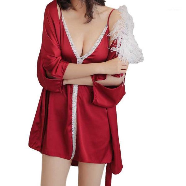 

women sleepwear sets lace nighty satin negligee pink nightgown bathrobe bridesmaid robes nightwear kimono dressing gown1, Black;red
