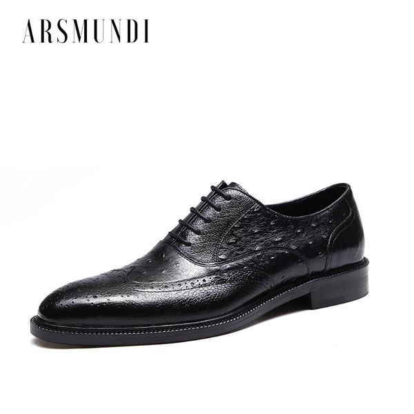 

men's genuine leather shoes ostrich pattern cowhide leather pig inner round toe wedding business shoes 2020 new, Black