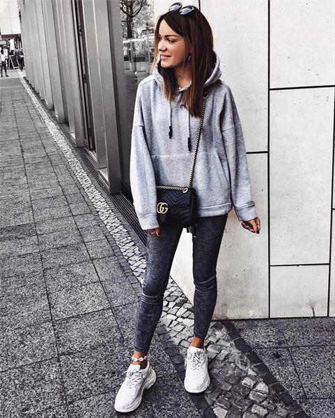 

new women hoodies sweatshirt 2020 autumn winter pocket long sleeve lace up solid pullover casual loose warm ladies hoodies, Black