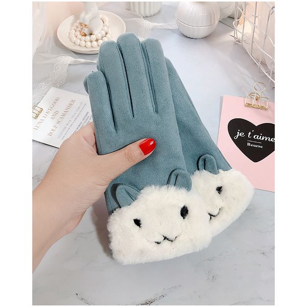 

winter female super thick warm lovely student office workers cycling wind and cold proof cotton five finger gloves, Blue;gray