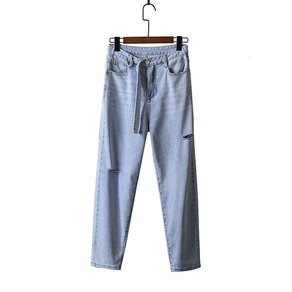 

2021 new torn jeans for women street cotton quality washing summer korean style high waist double-buckle arbs, Blue