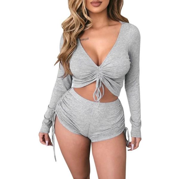 

women drawstring flannel suit clothes ladies v-neck low-cut casual shorts suit clothing autumn 2020, Gray