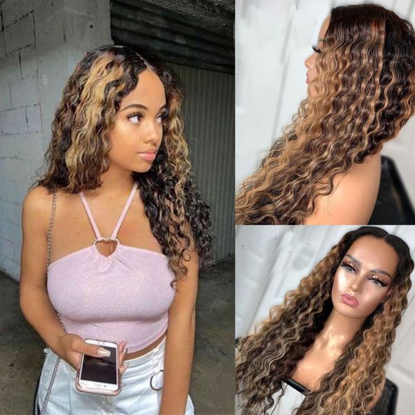 

lace wigs jerry curl wig ombre 13x6 front human hair honey blonde deep wave preplucked bleached knots closure glueless, Black;brown