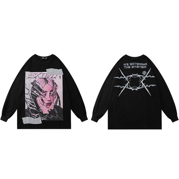 

hip hop long sleeve t-shirt mens girl print t-shirt streetwear cotton tees loose casual black, White;black