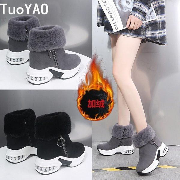 

boots winter platform fur warm ankle for women shoes zipper high heel booties solid cow suede snow woman, Black