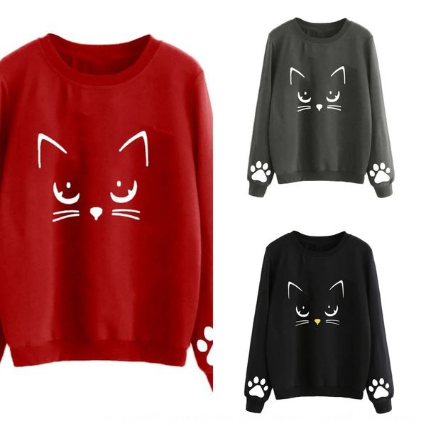

женская весна и осень pulloversweater пуловеры новый свободный длинный рукав пуловер печататься cat шею свитер taj5i, Black