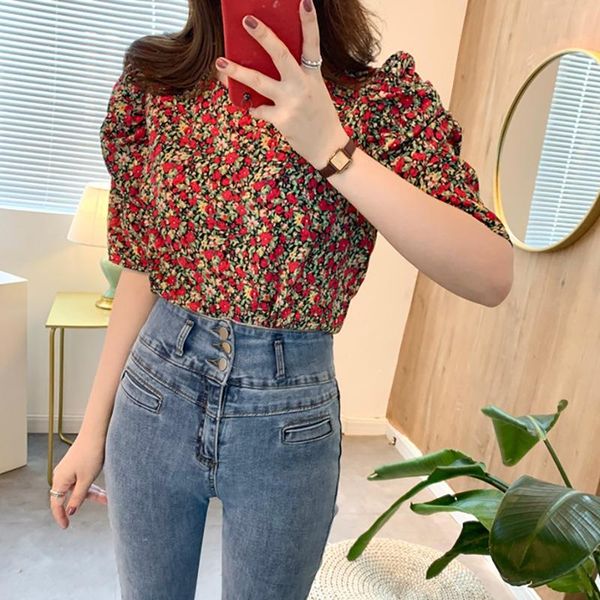 

women blouse casual three quarter sleeve fashion sweet girls floral print chiffon shirt, White