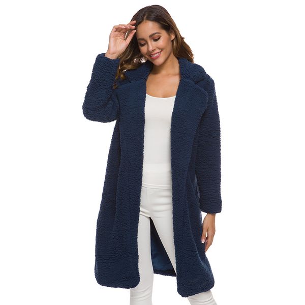 

women designers clothes 2020 long sleeve fashion lapel pure color long style cotton-padded jacket lambs wool cloth with soft nap woman coat, Black