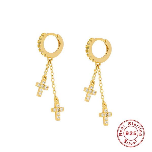 

romad 1pair real 925 sterling silver earrings for women two cross double link chain earings fine jewelry zirconia pendientes w5, Golden;silver