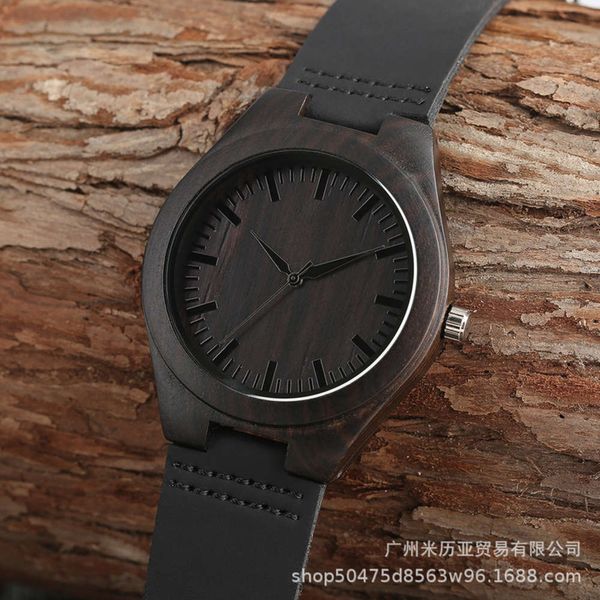 

black case straight wood fashion classic wood men's watch, Slivery;brown