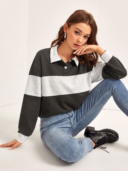 

polo collar colorblock sweatshirt e1nn#, White;black