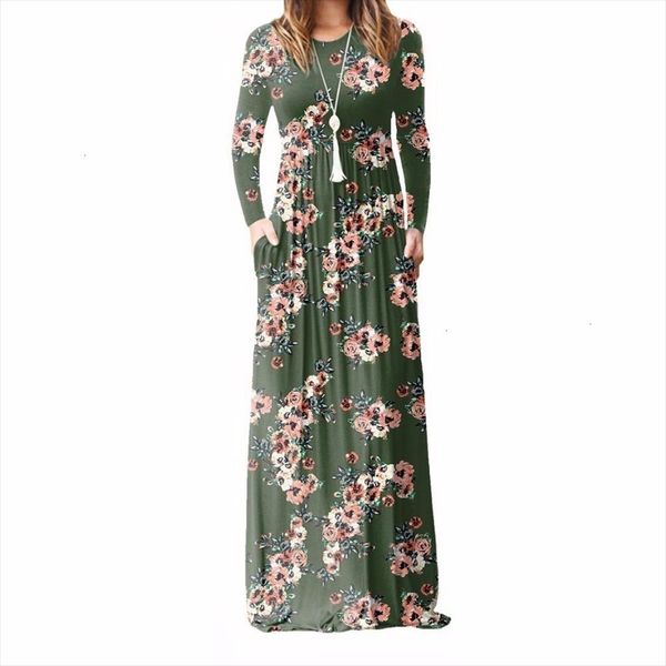 

plus xxl size long dress women autumn new printed maxi dress dropship casual floor length sundress pockets party 7 colors designer clothes, Black;gray