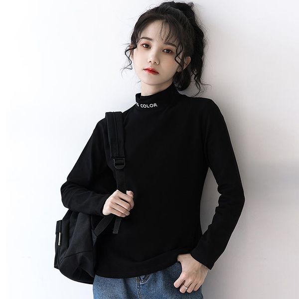 

2020 spring women's letter print t-shirts turtleneck casual solid color long sleeve t-shirt women tee, White